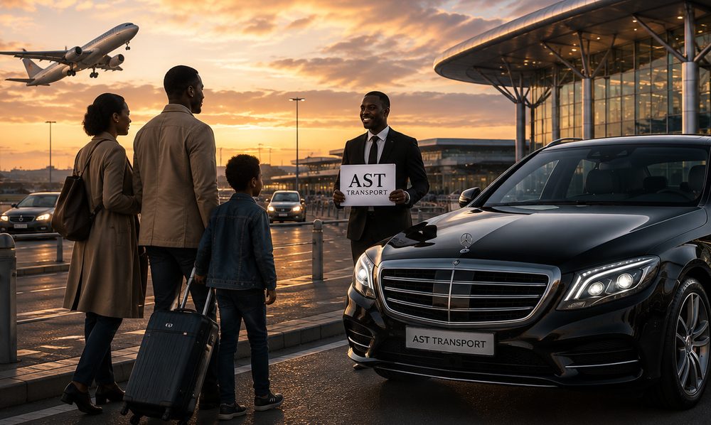 Chauffeur AST Transport accueillant des passagers à leur arrivée en France