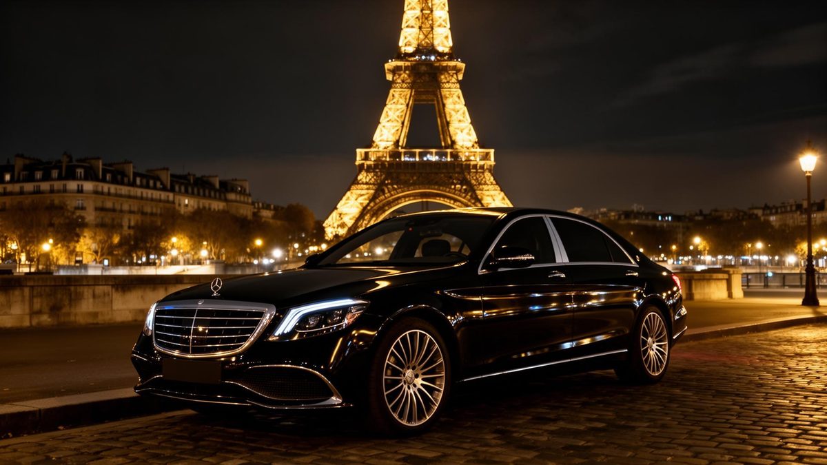 Berline Mercedes noire AST Transport devant la Tour Eiffel