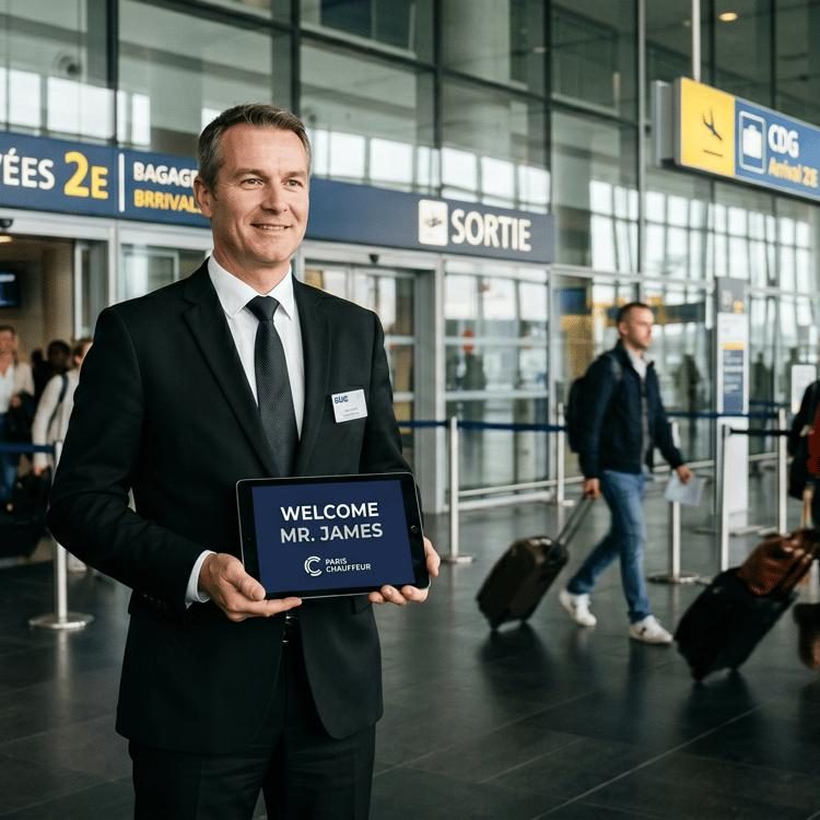 Chauffeur AST Transport accueillant un voyageur avec une pancarte