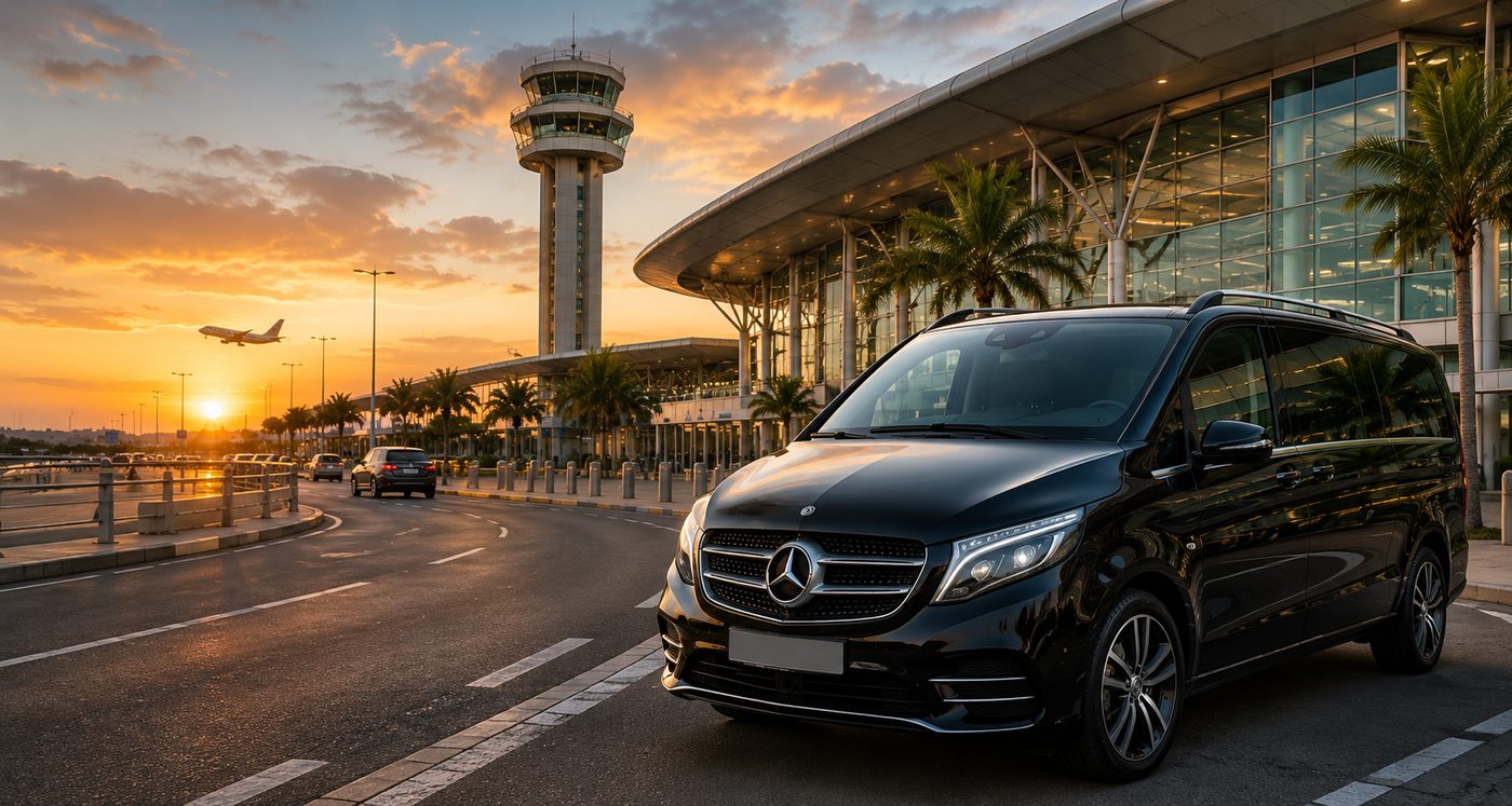 Van Mercedes AST Transport devant un terminal d’aéroport au coucher du soleil