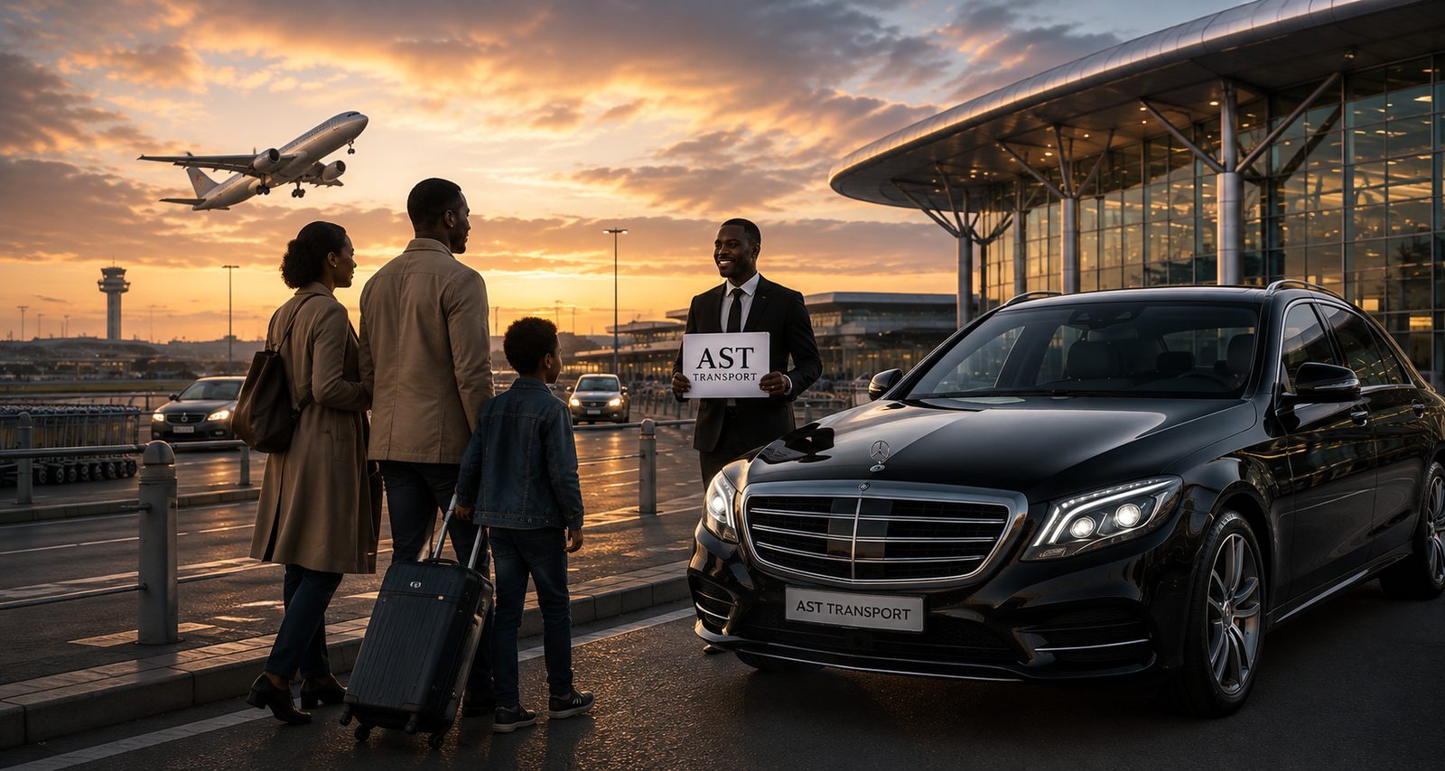 Chauffeur AST Transport accueillant une famille avec une pancarte devant le terminal d’arrivée
