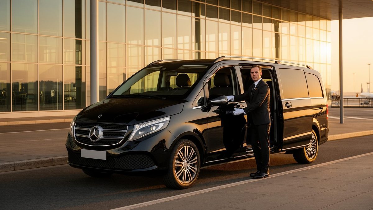 Van Mercedes Classe V noir avec chauffeur AST Transport à l’aéroport